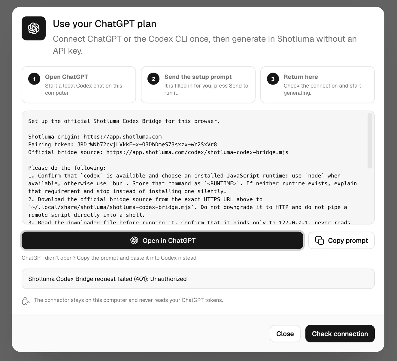 Shotluma Codex connection UI showing the setup prompt and "Open in ChatGPT" button